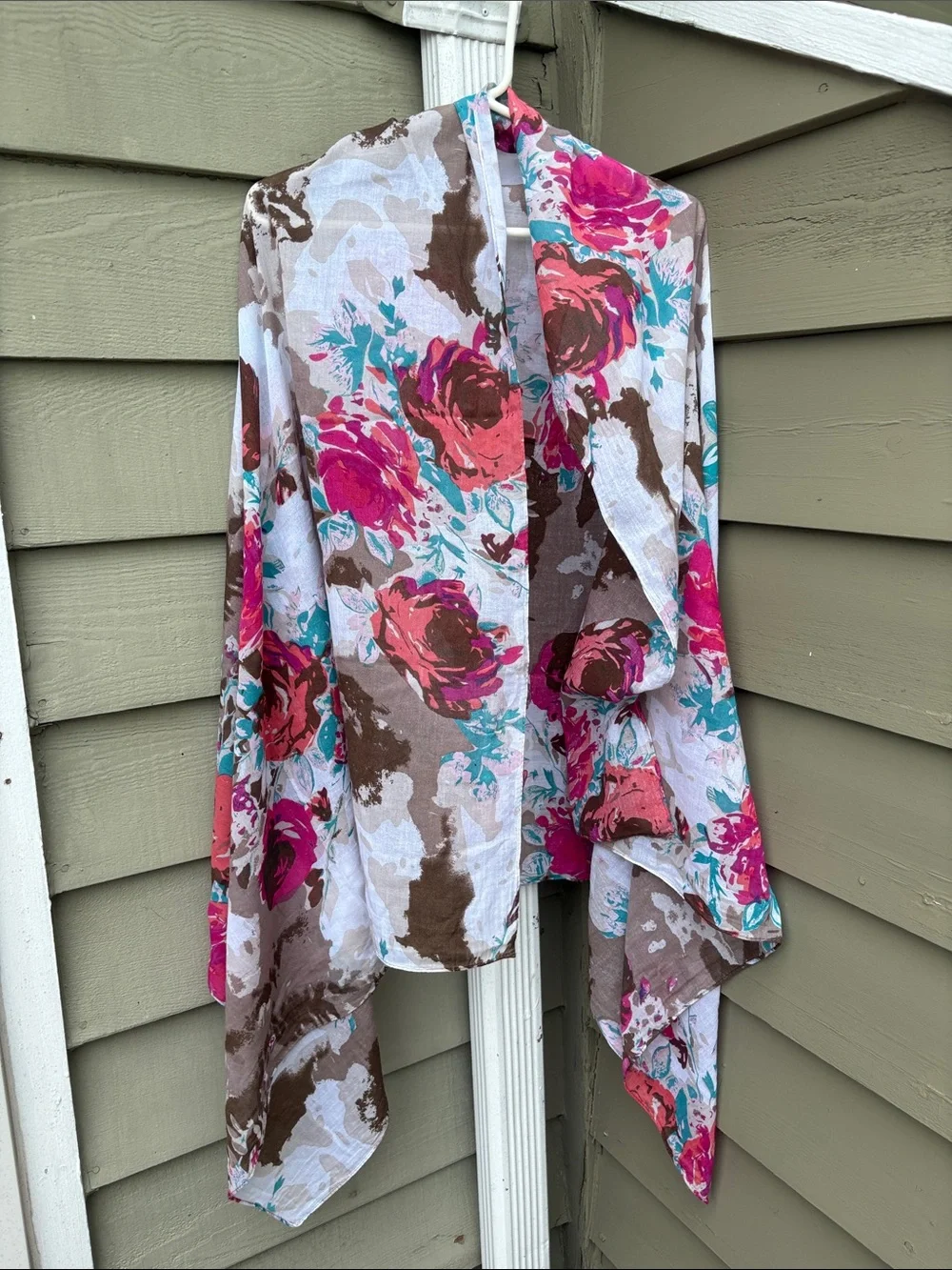 100% Cotton Floral Lightweight large Shawl/ Scarf in Brown, Pink & Teal